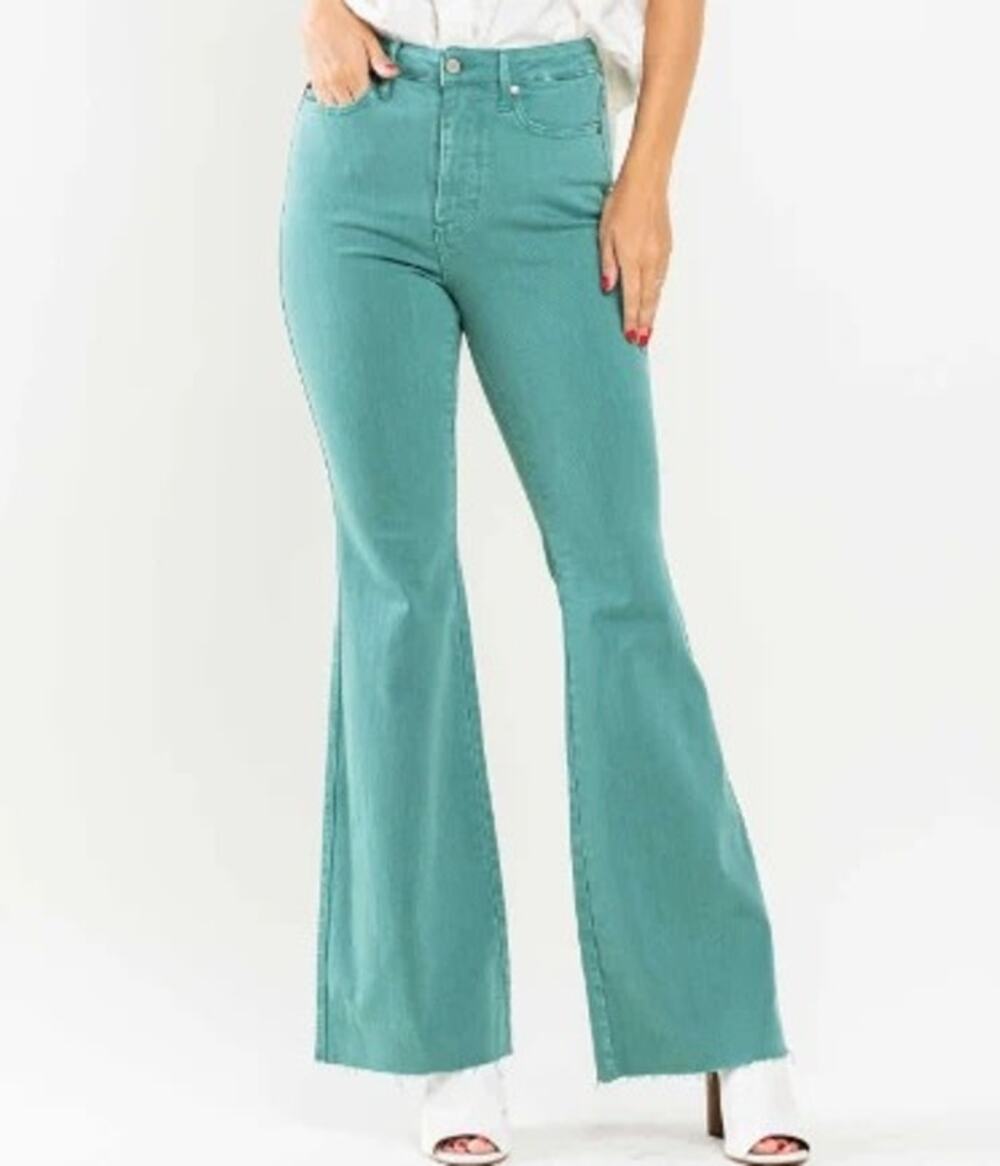 Judy Blue Teal Green Tummy Control Flare Leg Raw Hem Stretch Jeans 13/31